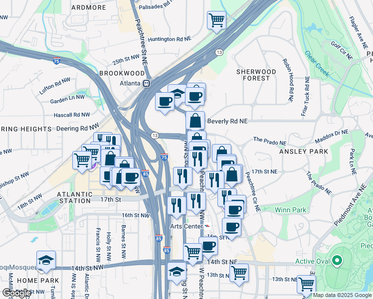 map of restaurants, bars, coffee shops, grocery stores, and more near 1473 Spring Street Northwest in Atlanta