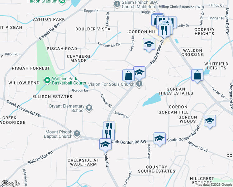 map of restaurants, bars, coffee shops, grocery stores, and more near 830 Howard Court Southwest in Mableton