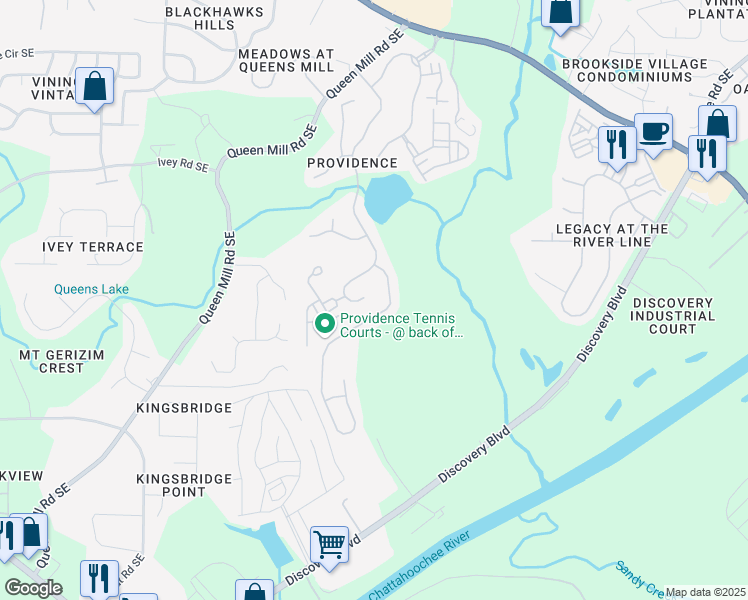 map of restaurants, bars, coffee shops, grocery stores, and more near 6146 Queens River Drive in Mableton
