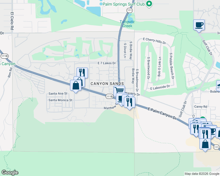 map of restaurants, bars, coffee shops, grocery stores, and more near 2490 East Miramonte Circle in Palm Springs