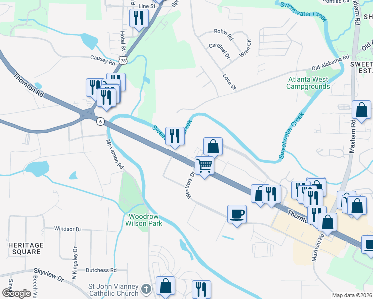 map of restaurants, bars, coffee shops, grocery stores, and more near 232 Thornton Road in Lithia Springs