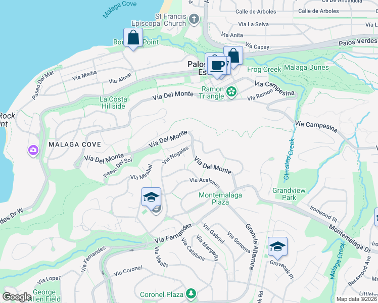 map of restaurants, bars, coffee shops, grocery stores, and more near 900 Vía Nogales in Palos Verdes Estates