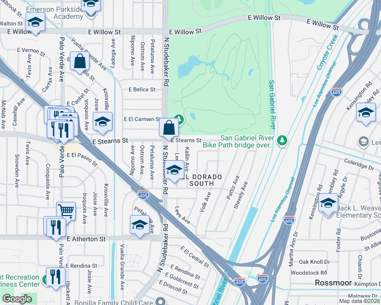 map of restaurants, bars, coffee shops, grocery stores, and more near 7003 East El Paseo Street in Long Beach