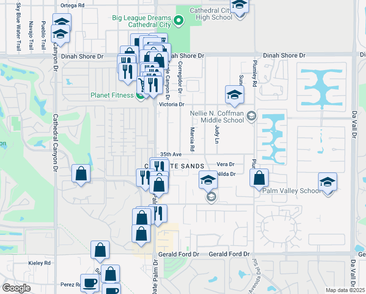 map of restaurants, bars, coffee shops, grocery stores, and more near 34930 Corregidor Drive in Cathedral City