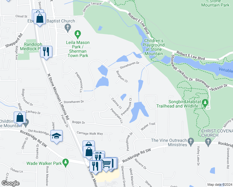 map of restaurants, bars, coffee shops, grocery stores, and more near 628 Pennylake Court in Stone Mountain