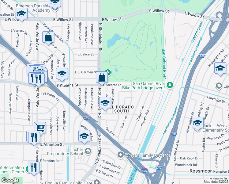 map of restaurants, bars, coffee shops, grocery stores, and more near 2130 Kallin Avenue in Long Beach
