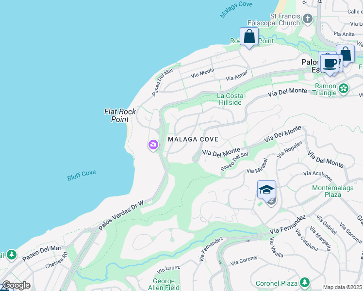 map of restaurants, bars, coffee shops, grocery stores, and more near 1605 Vía Lazo in Palos Verdes Estates