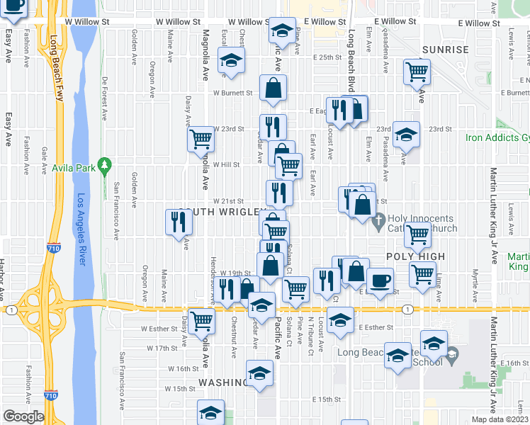 map of restaurants, bars, coffee shops, grocery stores, and more near 2066 Cedar Avenue in Long Beach