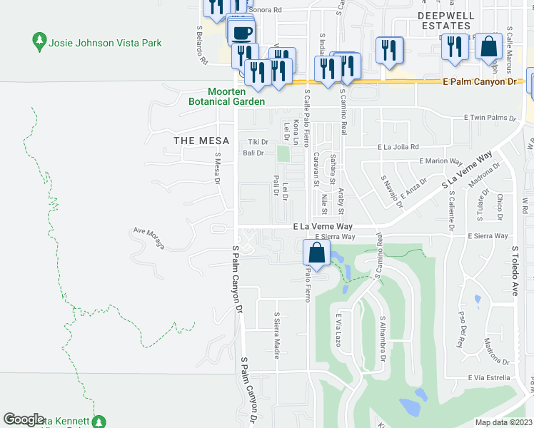 map of restaurants, bars, coffee shops, grocery stores, and more near 2079 Ramitas Way in Palm Springs