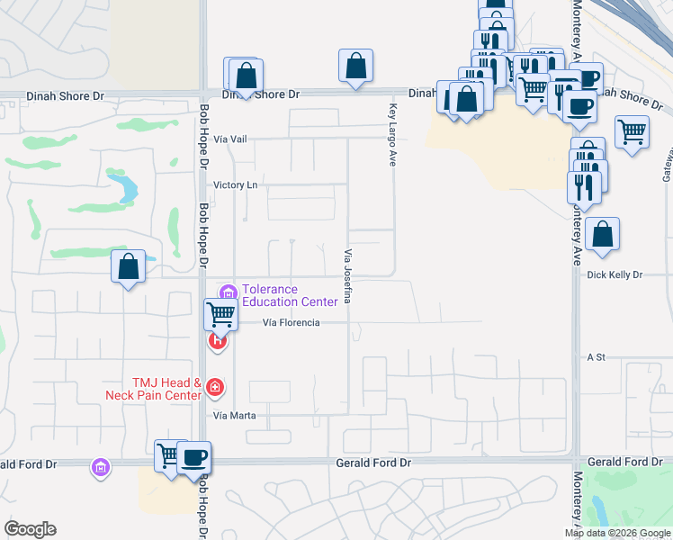 map of restaurants, bars, coffee shops, grocery stores, and more near 34949 Via Josefina in Rancho Mirage