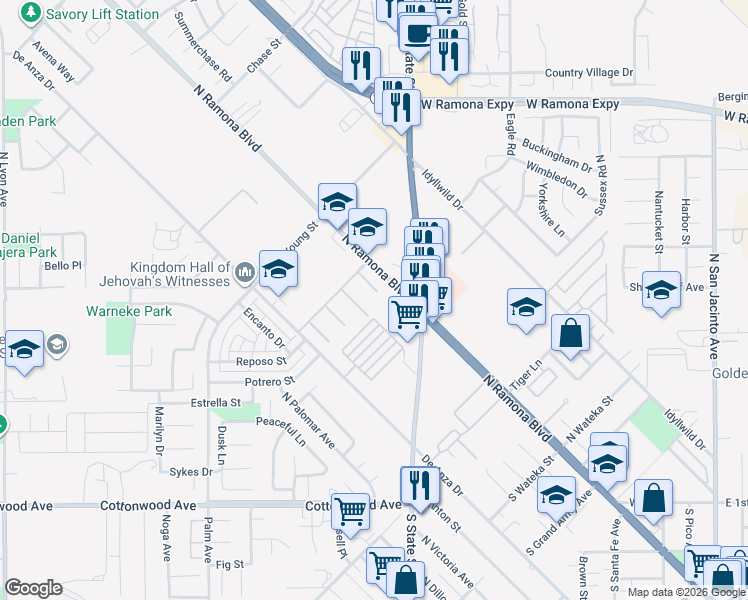 map of restaurants, bars, coffee shops, grocery stores, and more near 924 Dennis Way in San Jacinto