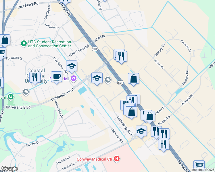 map of restaurants, bars, coffee shops, grocery stores, and more near 2050 U.S. 501 in Conway