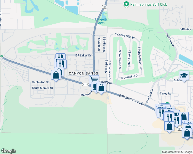 map of restaurants, bars, coffee shops, grocery stores, and more near 4735 South Winners Circle in Palm Springs