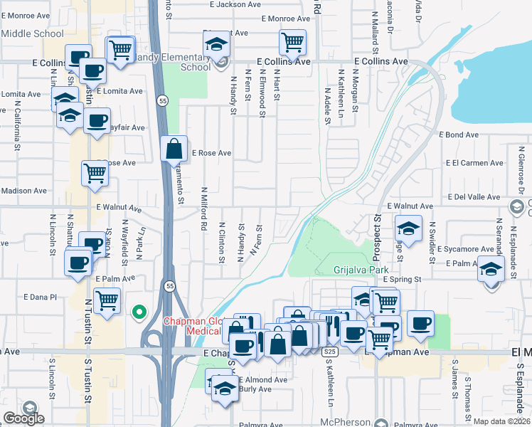 map of restaurants, bars, coffee shops, grocery stores, and more near 487 North Fern Street in Orange