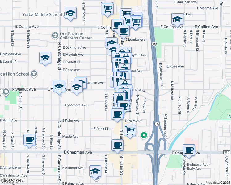 map of restaurants, bars, coffee shops, grocery stores, and more near 480 North Tustin Street in Orange