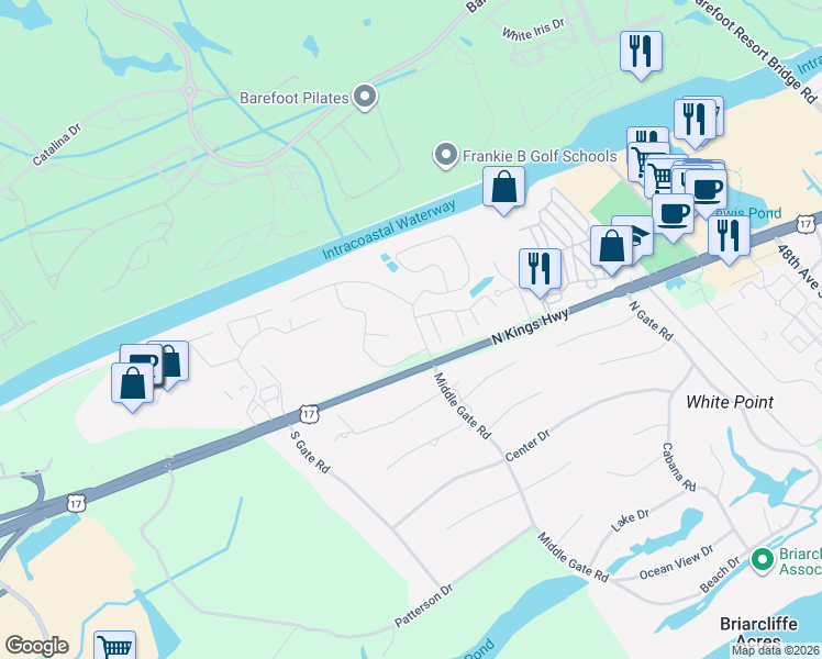 map of restaurants, bars, coffee shops, grocery stores, and more near 42 Old Bridge Road in Myrtle Beach