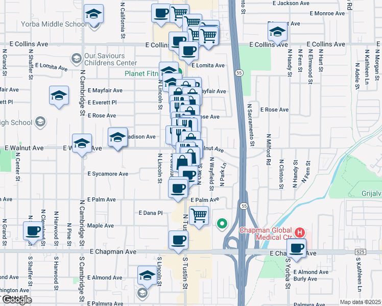 map of restaurants, bars, coffee shops, grocery stores, and more near 491 North Tustin Street in Orange