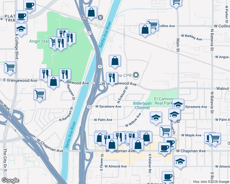 map of restaurants, bars, coffee shops, grocery stores, and more near 2127 West Beverly Drive in Orange
