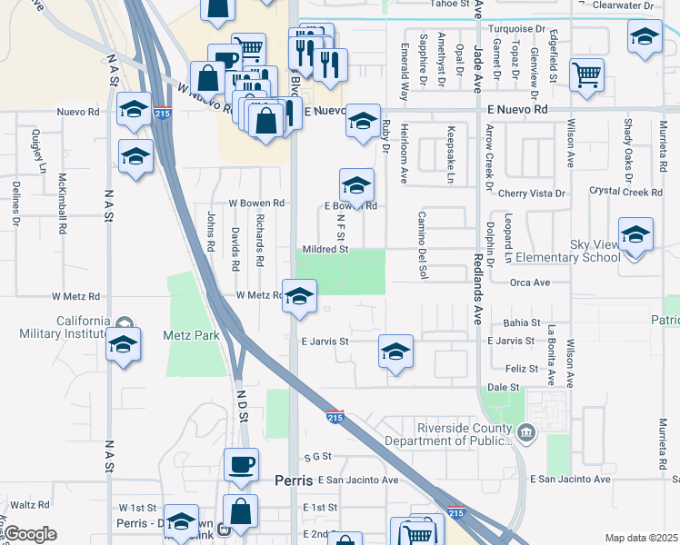 map of restaurants, bars, coffee shops, grocery stores, and more near 915 North Perris Boulevard in Perris