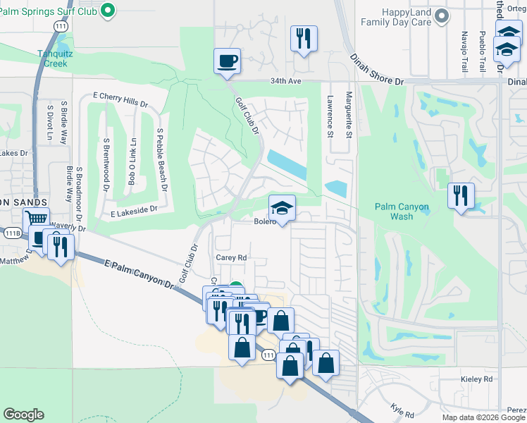 map of restaurants, bars, coffee shops, grocery stores, and more near 6000 East Driver Road in Palm Springs