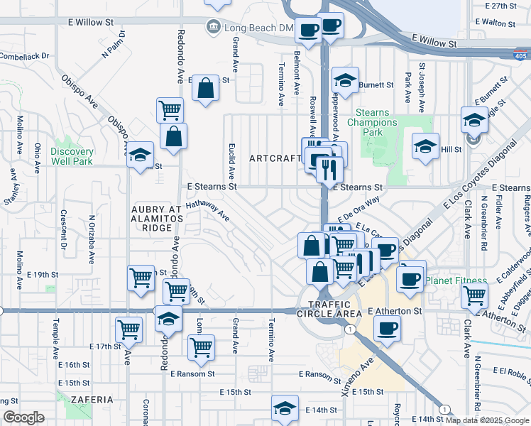 map of restaurants, bars, coffee shops, grocery stores, and more near 3901 East De Ora Way in Long Beach