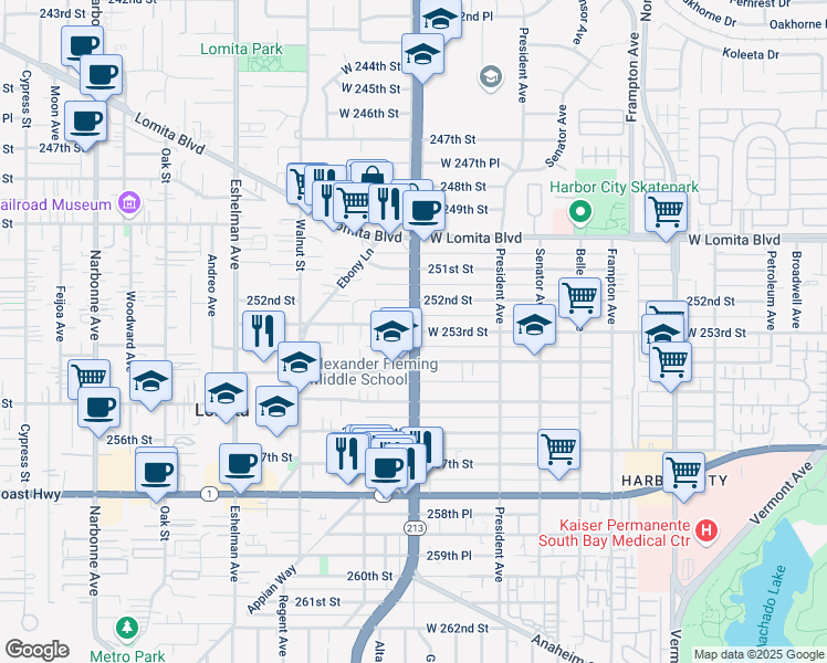 map of restaurants, bars, coffee shops, grocery stores, and more near S Western Ave & W 253rd St in Los Angeles
