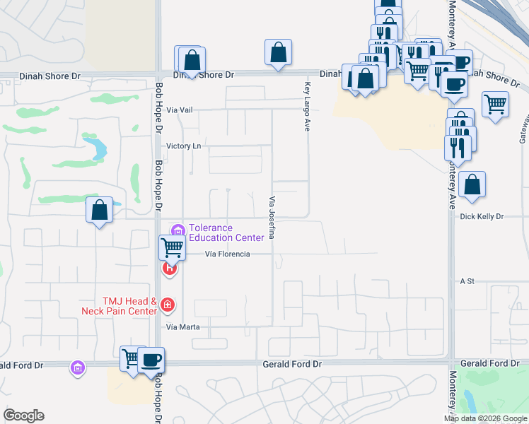 map of restaurants, bars, coffee shops, grocery stores, and more near 34949 Via Josefina in Rancho Mirage
