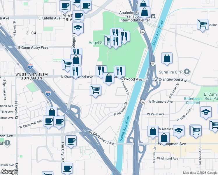 map of restaurants, bars, coffee shops, grocery stores, and more near 2230 South Dupont Drive in Anaheim