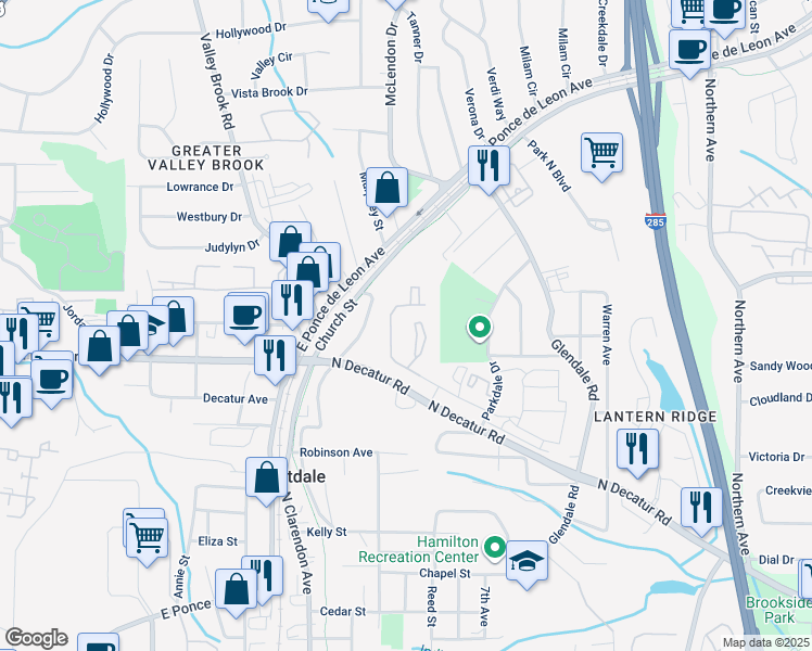 map of restaurants, bars, coffee shops, grocery stores, and more near 3074 Tobie Circle in Scottdale
