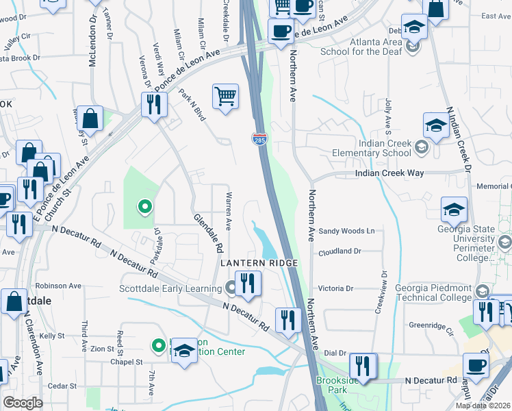 map of restaurants, bars, coffee shops, grocery stores, and more near 3535 Lantern View Lane in Scottdale