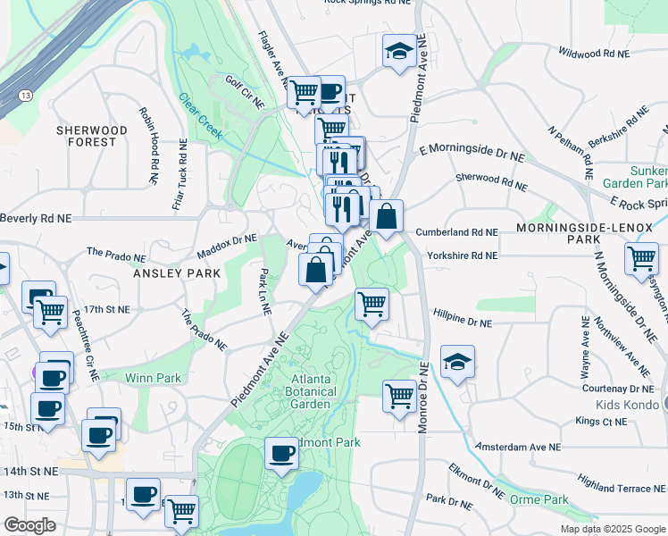map of restaurants, bars, coffee shops, grocery stores, and more near 17 Avery Drive Northeast in Atlanta