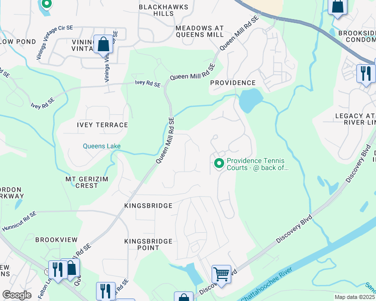 map of restaurants, bars, coffee shops, grocery stores, and more near 6315 Rooks Pass Southeast in Mableton