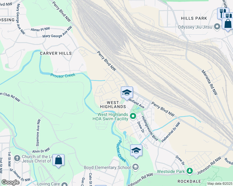 map of restaurants, bars, coffee shops, grocery stores, and more near 1937 Quarry Park Place NW in Atlanta