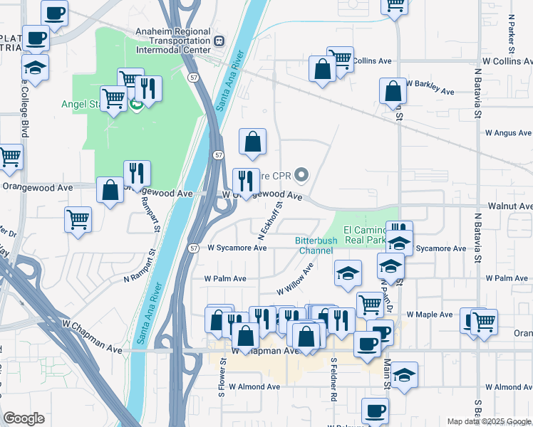 map of restaurants, bars, coffee shops, grocery stores, and more near 2039 West Beverly Drive in Orange