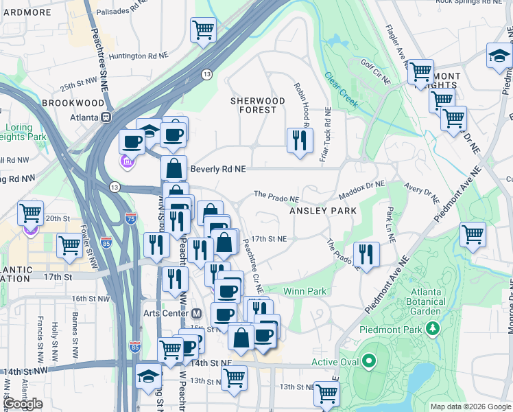 map of restaurants, bars, coffee shops, grocery stores, and more near 264 The Prado Northeast in Atlanta