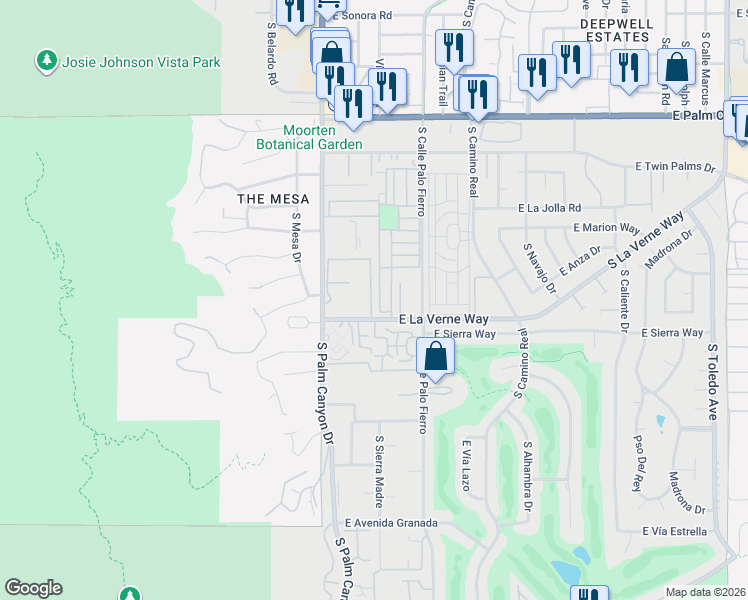map of restaurants, bars, coffee shops, grocery stores, and more near 2071 Ramitas Way in Palm Springs