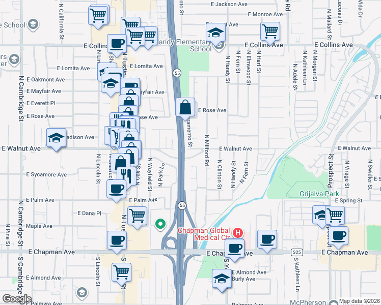 map of restaurants, bars, coffee shops, grocery stores, and more near 2234 East Walnut Avenue in Orange