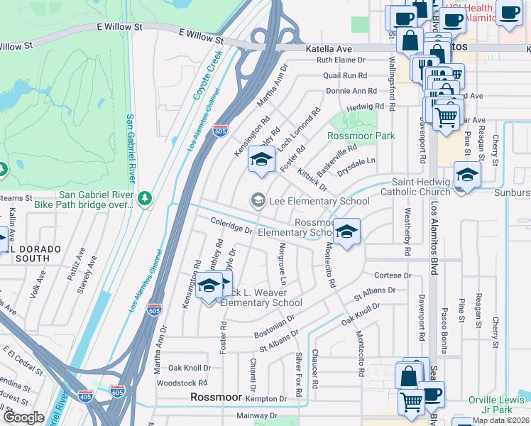 map of restaurants, bars, coffee shops, grocery stores, and more near 11551 Donovan Road in Los Alamitos
