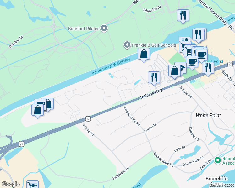 map of restaurants, bars, coffee shops, grocery stores, and more near 42 Old Bridge Road in Myrtle Beach