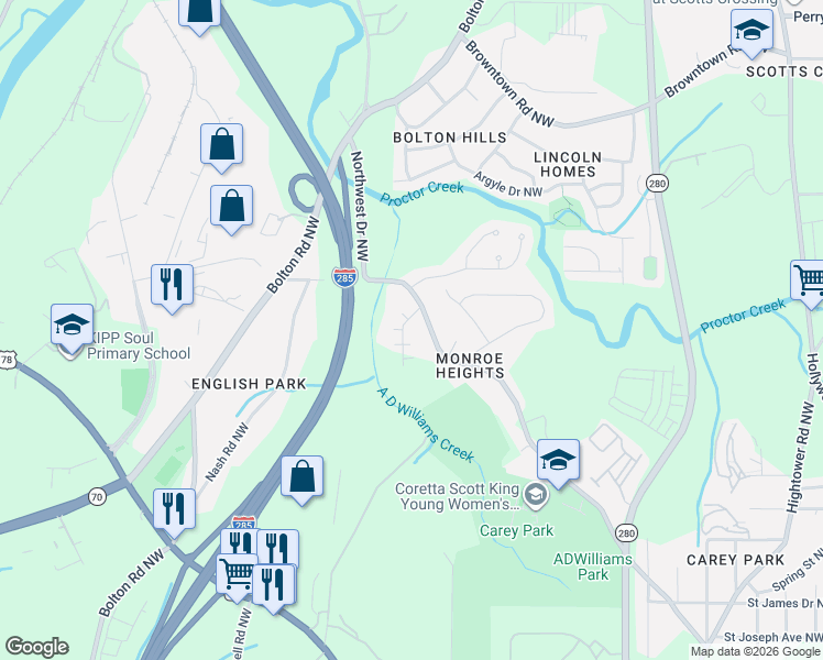 map of restaurants, bars, coffee shops, grocery stores, and more near 1456 Northwest Drive Northwest in Atlanta