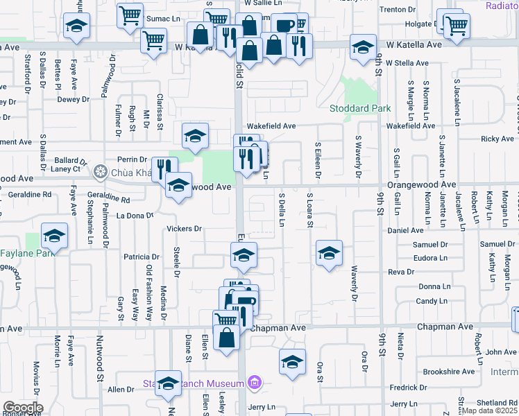 map of restaurants, bars, coffee shops, grocery stores, and more near 1671 West Cindy Lane in Anaheim
