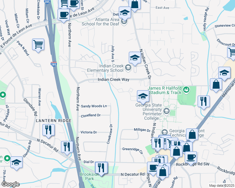 map of restaurants, bars, coffee shops, grocery stores, and more near 621 Ridge Creek Drive in Clarkston