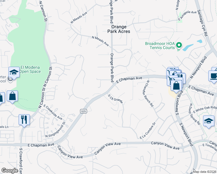 map of restaurants, bars, coffee shops, grocery stores, and more near 20031 East Chapman Avenue in Orange