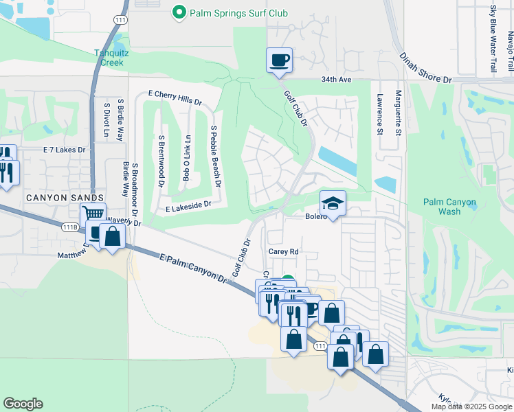 map of restaurants, bars, coffee shops, grocery stores, and more near 5519 Los Coyotes Drive in Palm Springs