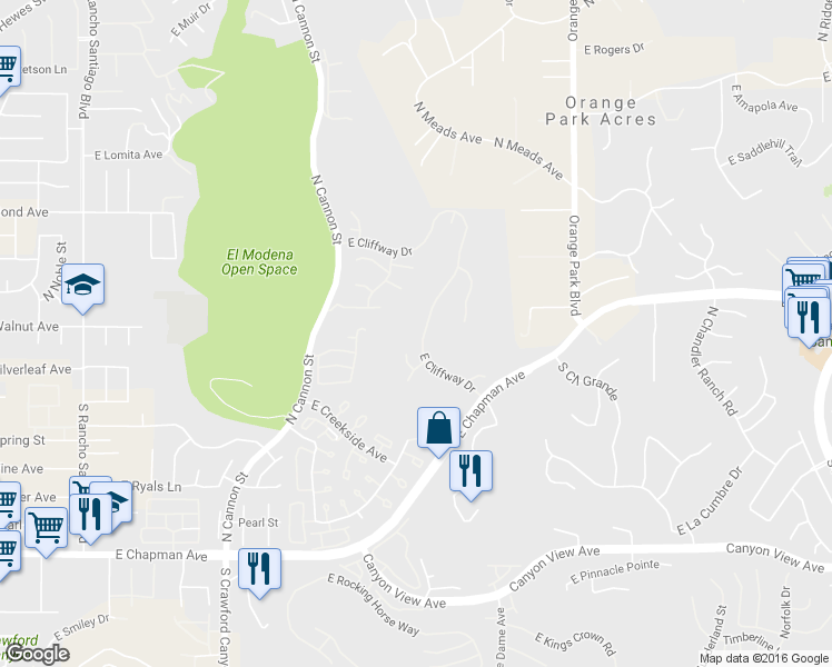 map of restaurants, bars, coffee shops, grocery stores, and more near 6236 East Cliffway Drive in Orange