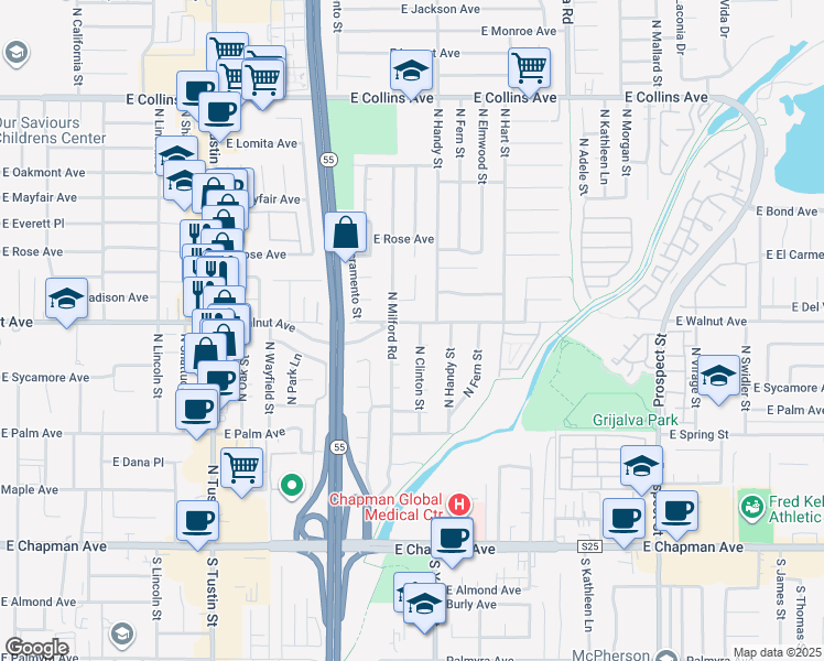 map of restaurants, bars, coffee shops, grocery stores, and more near 490 North Clinton Street in Orange