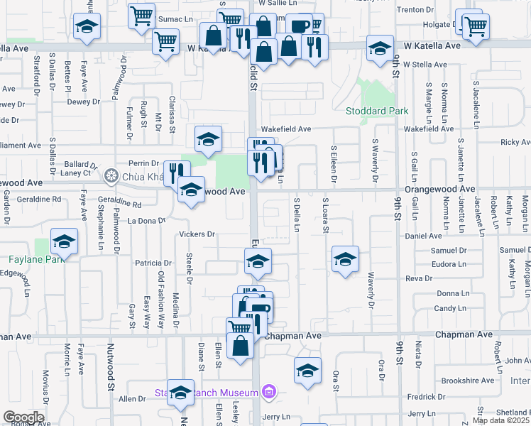 map of restaurants, bars, coffee shops, grocery stores, and more near 2111 South Cindy Place in Anaheim