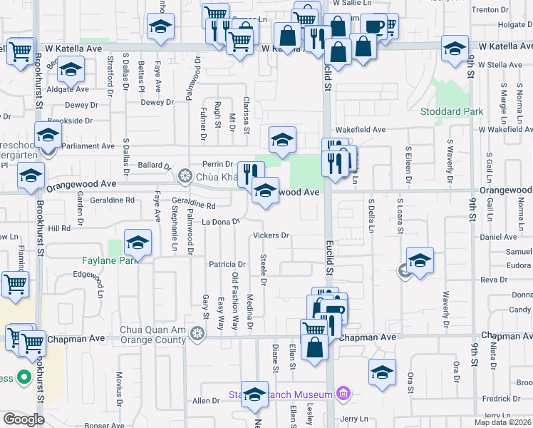 map of restaurants, bars, coffee shops, grocery stores, and more near 11602 Steele Drive in Garden Grove