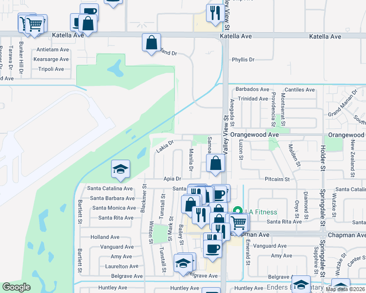 map of restaurants, bars, coffee shops, grocery stores, and more near 5802 Lakia Drive in Cypress