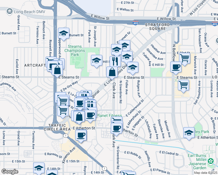 map of restaurants, bars, coffee shops, grocery stores, and more near 5008 East Los Coyotes Diagonal in Long Beach